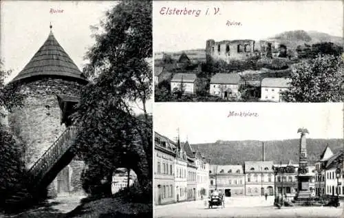 Ak Elsterberg an der Weißen Elster Vogtland, Blick auf die Ruine, Marktplatz, Kriegerdenkmal