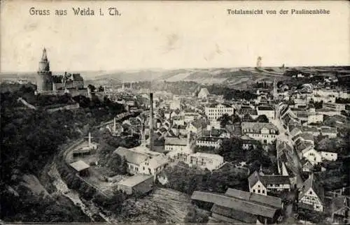 Ak Weida im Kreis Greiz Thüringen, Totalansicht von der Paulinenhöhe, Burg