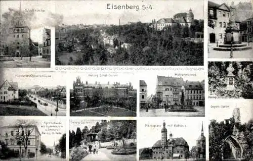 Ak Eisenberg in Thüringen, Stadtkirche, Herzog Ernst Schule, Geyers Garten, Denkmal, Markt, Rathaus