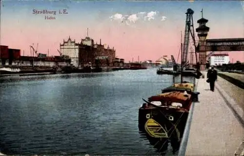 Ak Strasbourg Straßburg Elsass Bas Rhin, Hafen, Flusspartie, Frachtkähne, Kräne