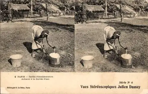 Stereo Ak Paris XVI Passy, Jardin d’Acclimatation, Achanti a la Corvee d'eau