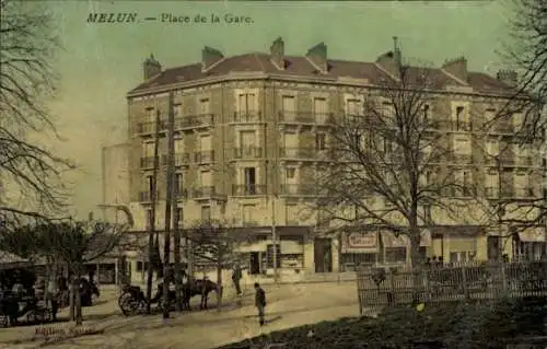 Ak Melun Seine et Marne, Place de la Gare