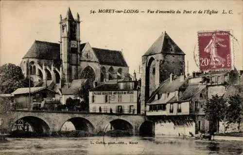 Ak Moret sur Loing Seine et Marne, Vue d'ensemble du Pont de l'Eglise