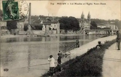 Ak Melun Seine et Marne, Les Moulin et l'Eglise Notre-Dame