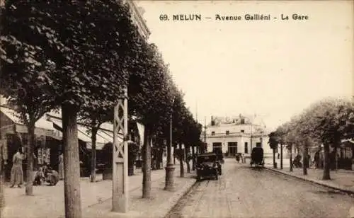 Ak Melun Seine et Marne, Avenue Gallieni, Gare