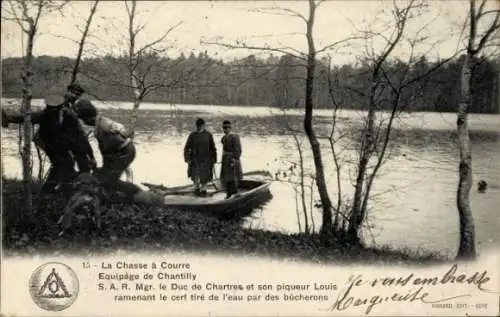 Ak Chantilly Oise, Chasse a Courre, Le Duc de Chartres et son piqueur Louis