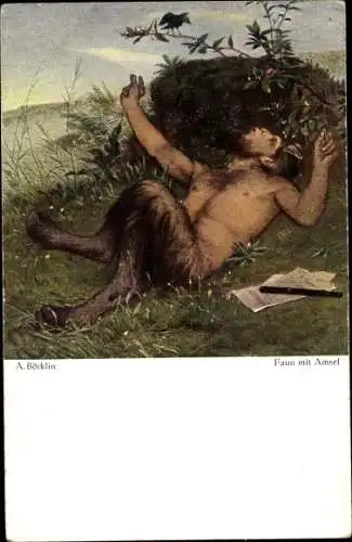 Künstler Ak Böcklin, Arnold, Faun mit Amsel, Märchengestalt, Ziegenhufe