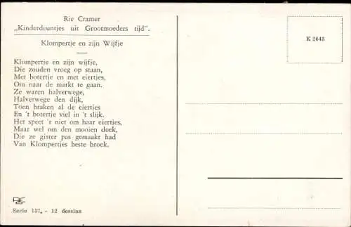 Passepartout Künstler Ak Cramer, R., Kinderdeuntjes mit Grootmoeders tijd, Klompertje en zijn Wijfje