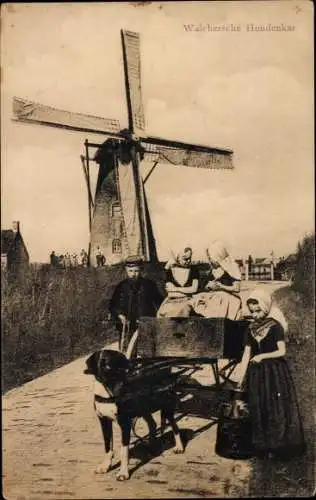 Ak Walcheren Zeeland, Windmühle, Milchkarren, Trachten, Hundekarren