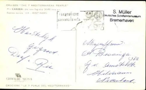Künstler Ak MV Caribia, Siosa Line