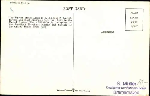 Künstler Ak USL Dampfer SS America, United States Lines