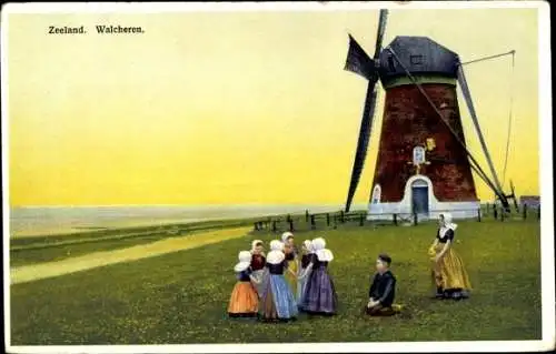 Ak Walcheren Zeeland, Niederländische Trachten, Windmühle