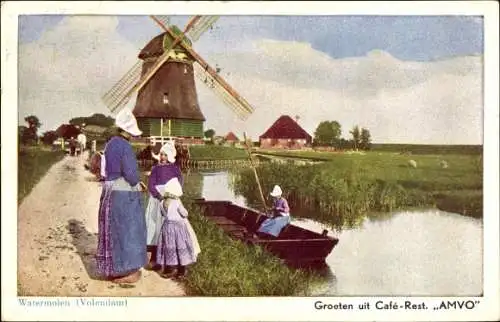 Ak Volendam Nordholland Niederlande, Watermolen, Windmühle, Trachten, Mädchen