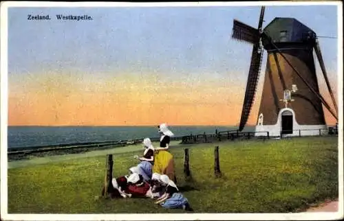 Ak Westkapelle Zeeland, Windmühle, Kinder in Tracht