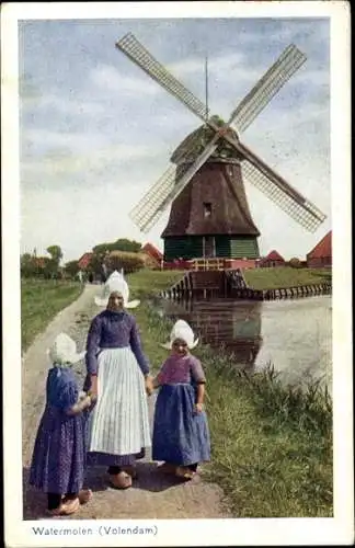 Ak Volendam Nordholland Niederlande, Mädchen in Trachten, Windmühle