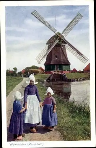 Ak Volendam Nordholland Niederlande, Mädchen in Trachten, Windmühle