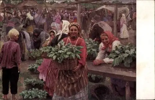 Künstler Ak Sitschkoff, Gemüsemarkt, Frauen in russischen Trachten