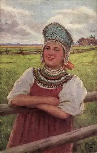 Künstler Ak Mackiewicz, Bauernmädchen, Frau in russischer Volkstracht