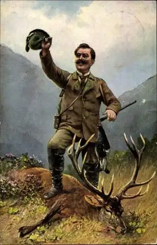 Künstler Ak Müller, August, Stolzer Jäger mit erlegtem Hirsch