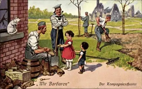 Künstler Ak Thiele, Arthur, Wir Barbaren, Der Kompagnieschuster besohlt Kindern die Schuhe