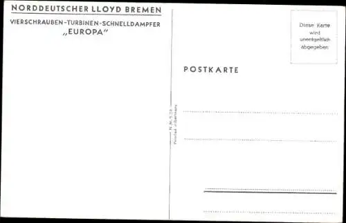 Ak Vierschrauben-Turbinen-Schnelldampfer Europa, Norddeutscher Lloyd Bremen