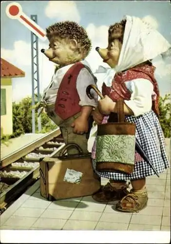 Ak Mecki der Igel, In froher Erwartung, Mecki und Igelfrau am Bahnhof