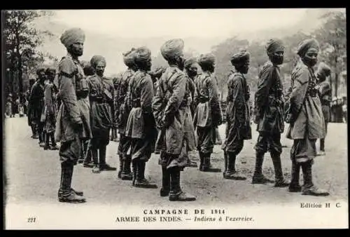 Ak Campagne de 1914, Armees des Indes, Indiens a l'exercise, indische Kolonialkrieger, I. WK