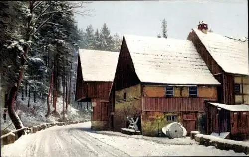 Ak Nenke & Ostermaier Serie 314 Nr 4750, Winter, Die Rölligmühle in der Sächsischen Schweiz