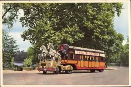 Ak Autobus, Vins du Postillon, Pferdefiguren auf dem Fahrzeugdach