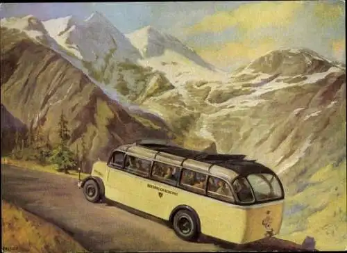 Künstler Ak Mit dem Postauto über die Großglockner Hochalpenstraße, Österreichische Post