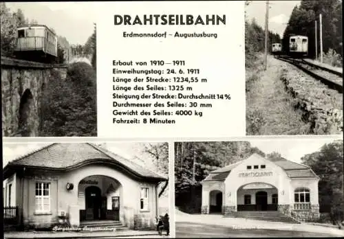 Ak Augustusburg im Erzgebirge, Blick auf die Drahtseilbahn, Wald, Berg- und Talstation