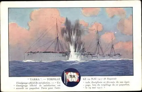 Künstler Ak Yarra Torpillé le 29 Mai 1917, Torpediertes Dampfschiff