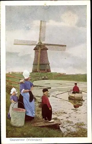 Ak Volendam Nordholland Niederlande, Overzetveer, Niederländische Tracht, Windmühle