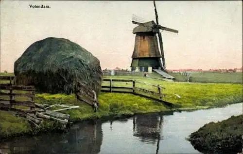 Ak Volendam Nordholland Niederlande, Windmühle, Stroh, Fluss