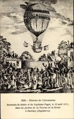 Künstler Ak Hackney London England, Ascension de Sadler, Capitaine Paget, 12 Aout 1811