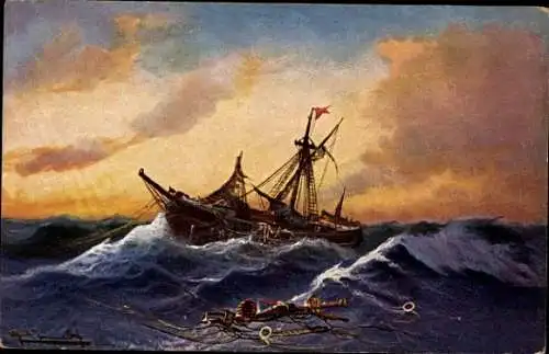 Künstler Ak Verlassen, Segelschiff, Stürmisches Meer