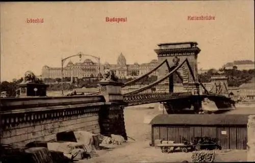 Ak Budapest Ungarn, Blick auf die Kettenbrücke, Pferdewagen