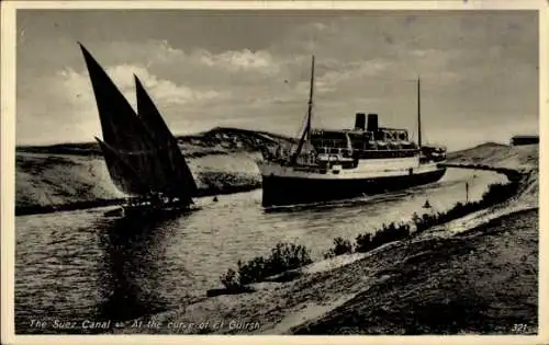 Ak Ägypten, Suezkanal, Dampfschiff, Segelboot, Curve of El Guirsh