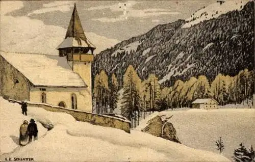 Künstler Ak Schlatter, E. E., Bergkirchlein, Schneelandschaft