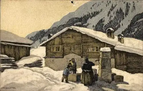 Künstler Ak Schlatter, E.E., Schweiz, Dorfszene im Winter, Brunnen