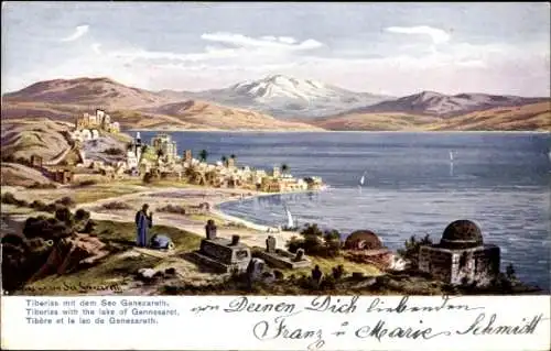 Künstler Ak Perlberg, F., Tiberias Israel, Panorama, Siehe Genezareth