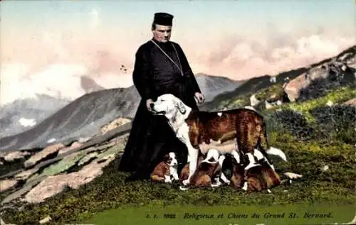 Ak St Bernard Sankt Bernhard Kanton Wallis, Religieux et Chiens du Grand St. Bernard