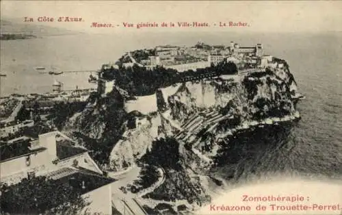 Ak Monaco, Vue generale de la Ville Haute, Le Rocher, Cote d'Azur, Zomotherapie, La Kreazone