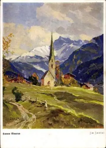 Künstler Ak Maurus, H., Kanton Graubünden, Im Inntal, Kirche