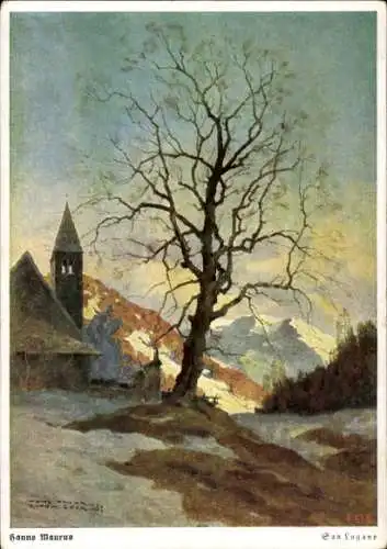 Künstler Ak Maurus, H., San Lugano Südtirol, Ortspartie, Kirche, Baum