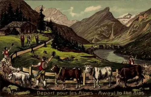 Präge Litho Schweiz, Alpen, Départ pour les Alpes, Kuhtrieb auf die Alm