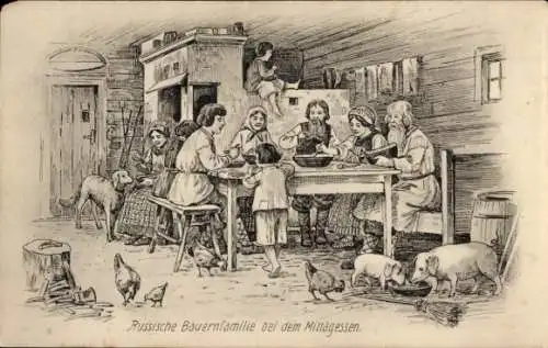 Künstler Ak Russland, Russische Bauernfamilie beim Mittagessen, Hund, Schweine, Hühner