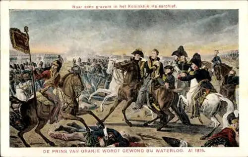 Ak Prins van Oranje wordt gewond bij Waterloo, 1815