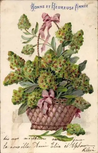 Präge Litho Glückwunsch Neujahr, Blumen in einem Korb