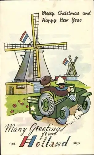 Ak Glückwunsch Weihnachten und Neujahr, Greetings from Holland, Windmühle, Militärfahrzeug